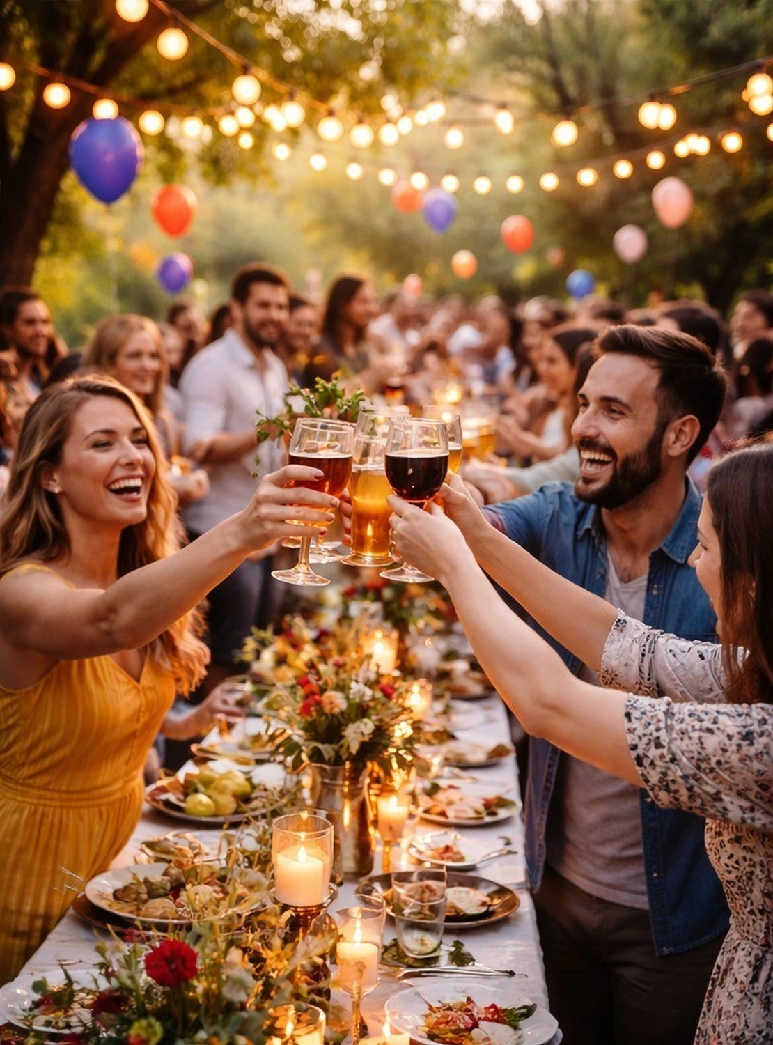 Personas alegres brindando en una fiesta al aire libre