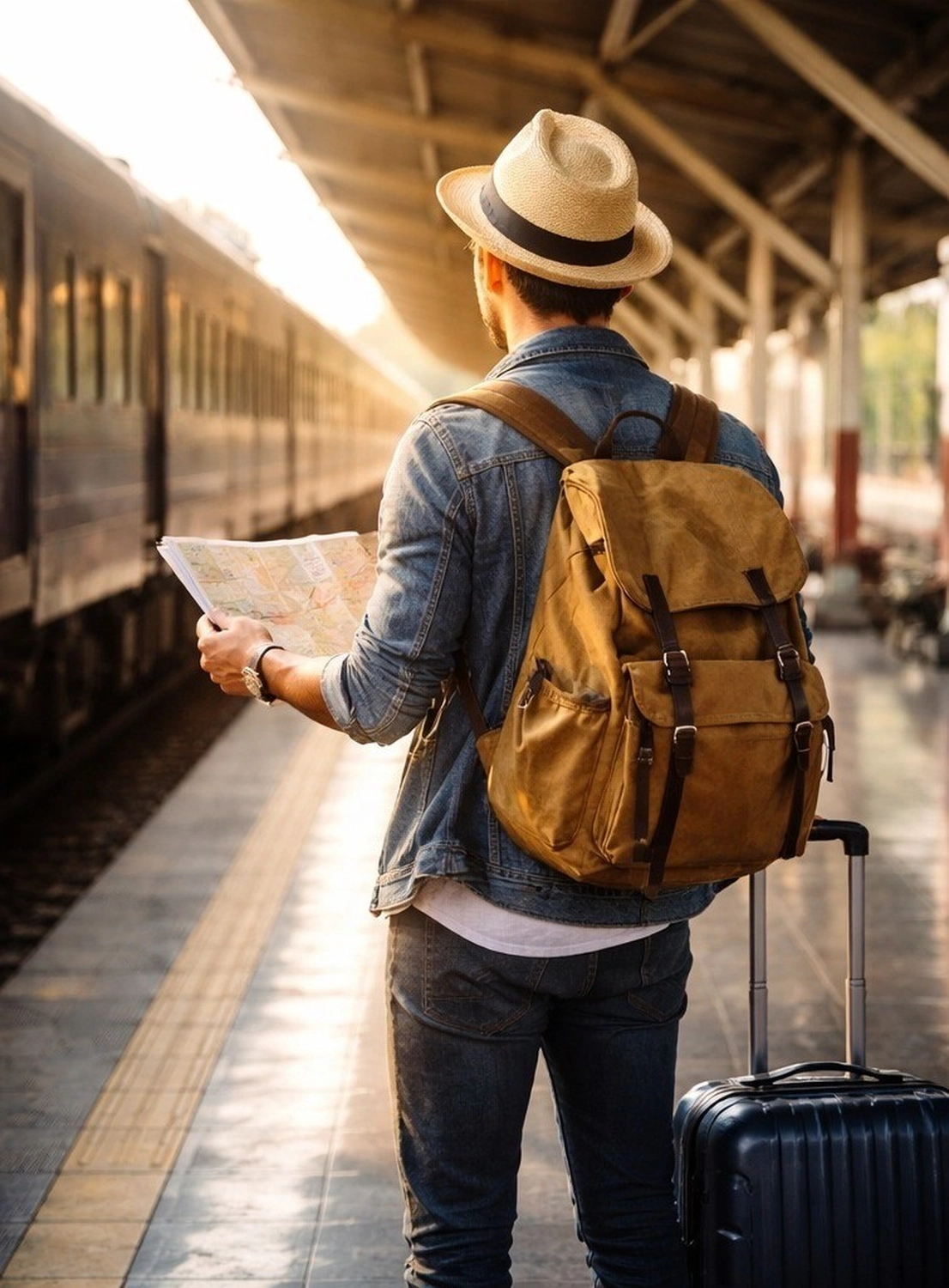 Viajero con mochila y mapa en el andén de una estación