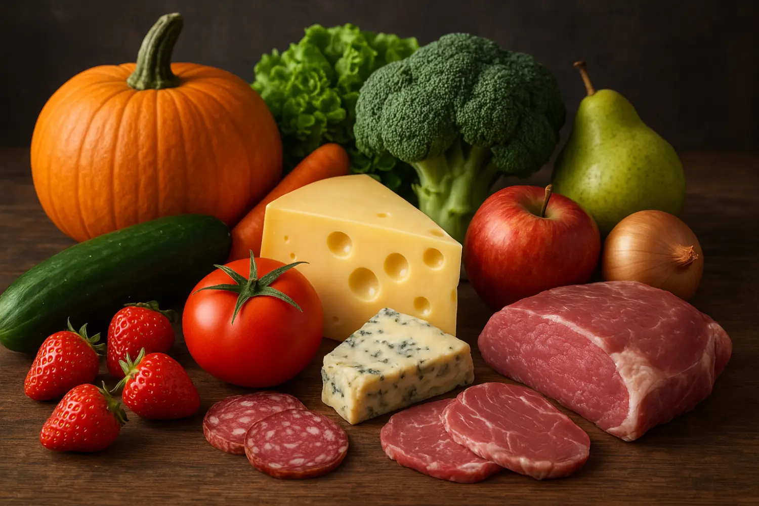Verduras, fruta, queso y carne sobre una mesa de madera